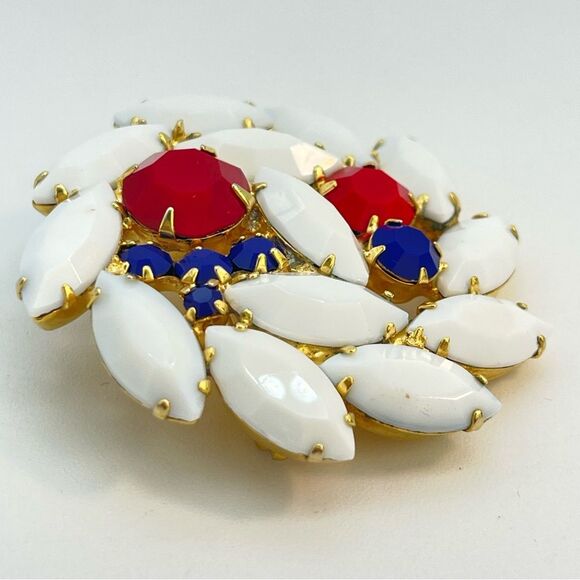 Vintage Red White & Blue Opaque Rhinestone Brooch | Prong Set, Gold Tone, Round - Picture 5 of 8